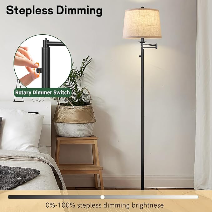 Ruiever Dimmer LED Floor Lamp,Tall Standing Lamp with Swing Arm,Black Lamp with Dimmer LED Bulb,Elegant Floor Lamp for Living Rooms & Bedroom (Black)