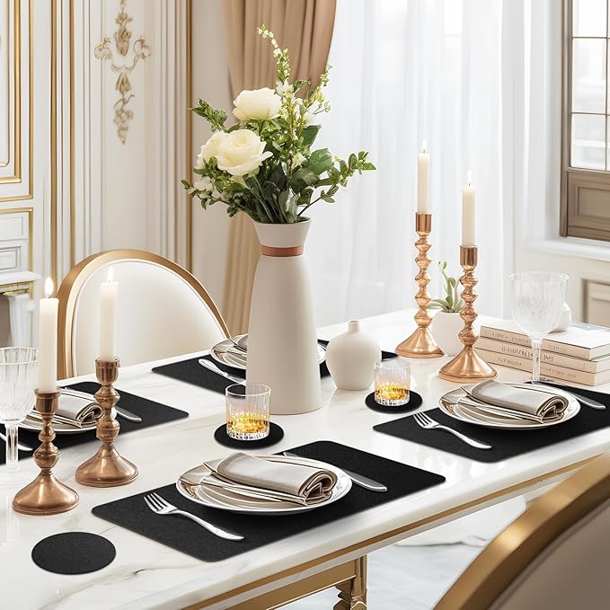 Faux Leather Placemats Set of 6, Vinyl Placemats Heat Resistant Place Mats, Waterproof Oil-Proof Wipeable Dining Table Mats and Coasters for Kitchen, Indoor, Outdoor (Black)
