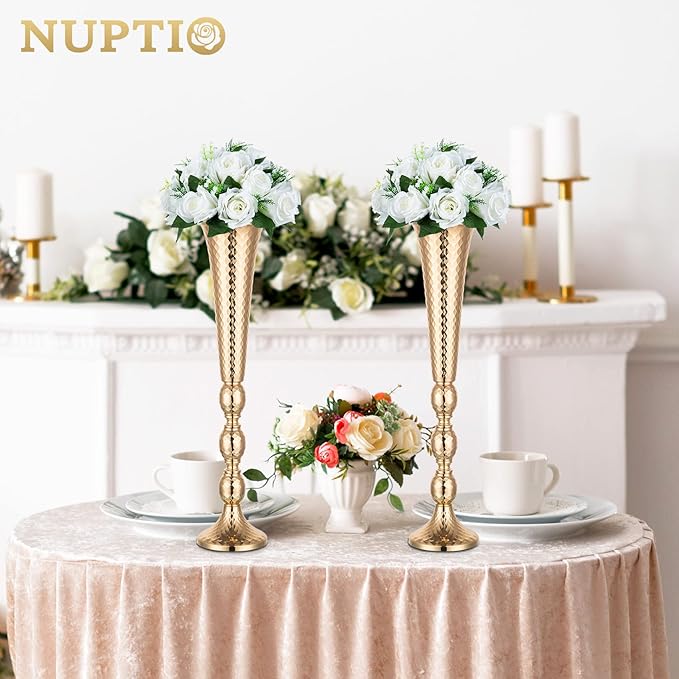 Nuptio 2 Pcs Centerpieces for Wedding Table, 24in Tall Metal Trumpet Vase, Flower Vases for Party Dinner Centerpiece Event, Road Lead for Anniversary Ceremony Birthday Aisle Home Decoration