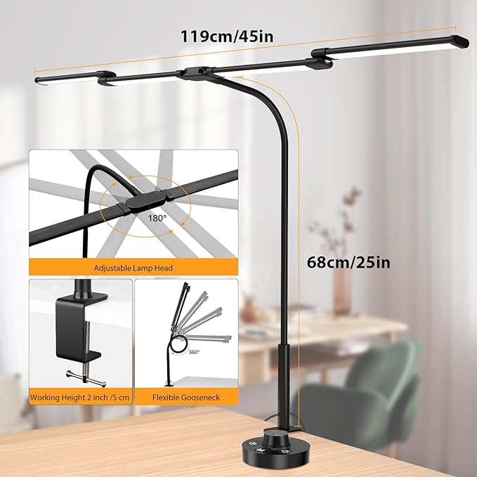 iVict Desk Lamp for Home Office, 24W Flexible Gooseneck Table Lamp, Desks Lamps with Clamp, 10 Color Modes 10 Brightness Eye-Caring Desk Light w/USB Adapter(Black)
