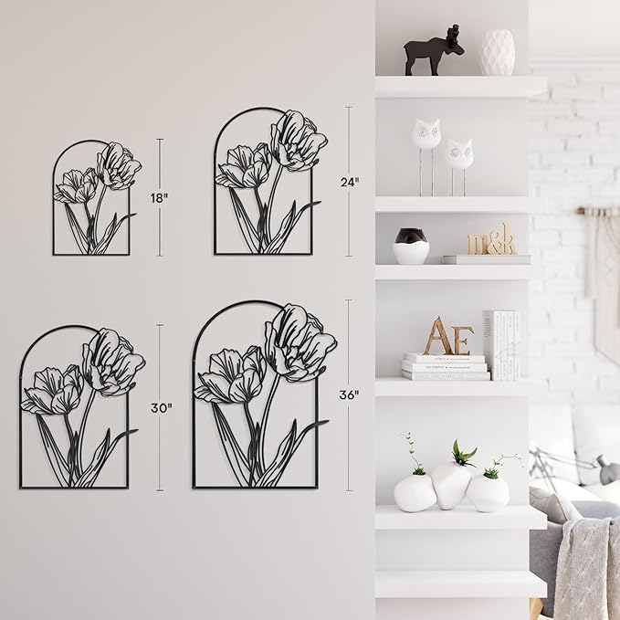 SIGNLEADER Metal Wall Art Decor Sketches & Line Art of Flowers Modern Abstract Wall Sculpture Hangings Home Decoration for Living Room, Bedroom, Bathroom, Kitchen, Outdoor - 18" Black