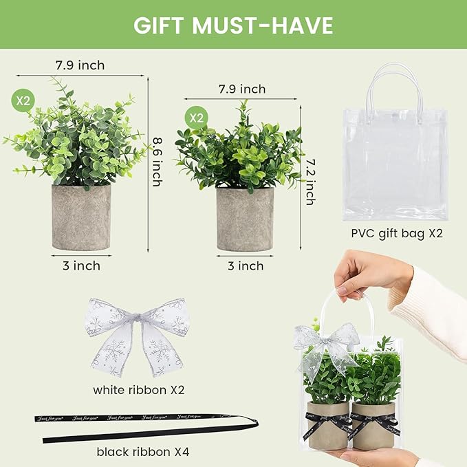 DomeStar 4PCS Faux Eucalyptus Stems, Artificial Eucalyptus Plants Greenery Stems in Pots with Gift Bags and Ribbons for Shelf Desk Home Bathroom Modern Farmhouse Living Room Coffee Table Decor