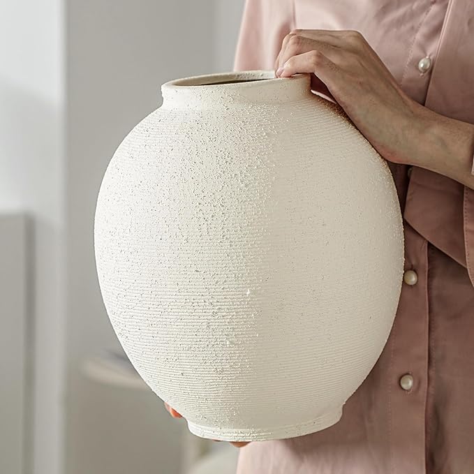Large White Ceramic Vase, 9.8 inch Round Minimalist Textured Vase, Rustic Farmhouse Decor for Home, Living Room, Shelf, Table, Wedding & Entryway Decoration (Sandstone White)