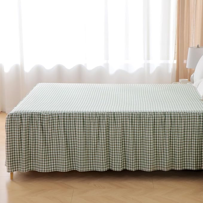 Silnuo Sage Green Plaid Bed Skirt Washed Cotton Shabby Gingham Checkered Dust Ruffle King Size 14" Bedding(1 Bed Skirt Only)