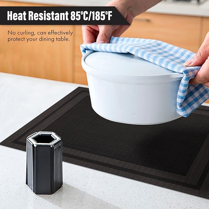 Winknowl Placemats Set of 8，Heat Resistant Woven Vinyl Washable PVC Place Mats，Non-Slip Stain Resistant Indoor/Outdoor Table Mats for Dining Table (Black Brown)