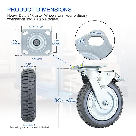 8 Inch Caster Wheels Heavy Duty Casters Set (2 Swivel with Brake, 2 Fixed No Brake), 1600kg/3500LBS Total Capacity Industrial Plate Caster for Workbench, Cart, Trolley, Warehouse Equipment