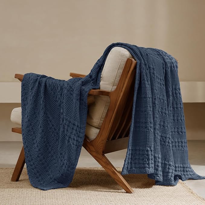 PHF 100% Cotton Waffle Weave Throw Blanket, Soft Lightweight Breathable Cozy Throws for Couch Bed Sofa, 300 GSM Luxury Aesthetic Blanket Gift for Home Decor & Office, 50"x60", Indigo