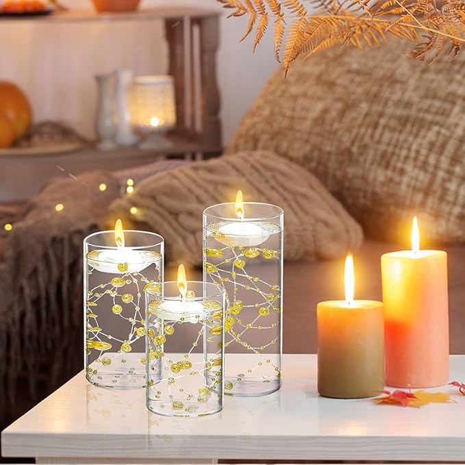 6 Set Glass Cylinder Vase with 8 Artificial Pearl String 12 White Floating Candle Multi-Size Cylinder Vase for Centerpieces 4"+ 6" + 8" Glass for Wedding Party Table Decor(6 Pcs-Gold)