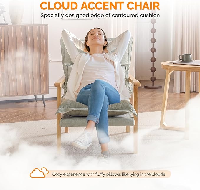 VINGLI Mid-Century Modern Cloud Accent Armchair with Lumbar Pillow, 6.3'' Thick Seat Cushion Comfy Reading Chair with Wooden Armrests，Boho Lounge Chair for Bedroom, Living Room, Chenille, Sage Green