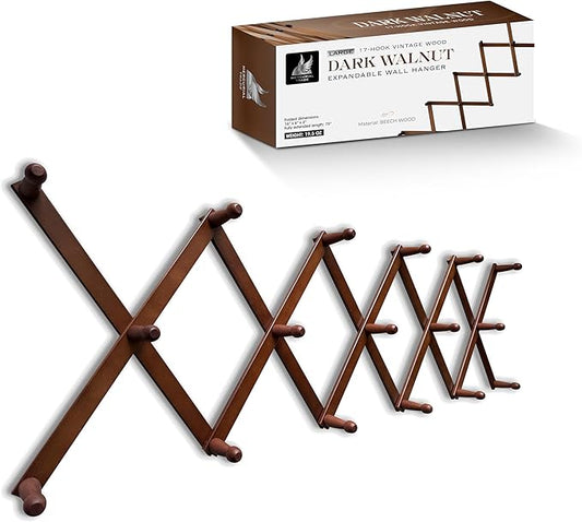 Expandable Wooden Coat Rack Hanger – Accordion Wall Mounted Pine Wood Hooks – Hand Made Vintage Expending Pegs – Hang Coat, Jacket, Hat, Leash, Towel, Mug, Bag – 17 Hook, Dark Walnut