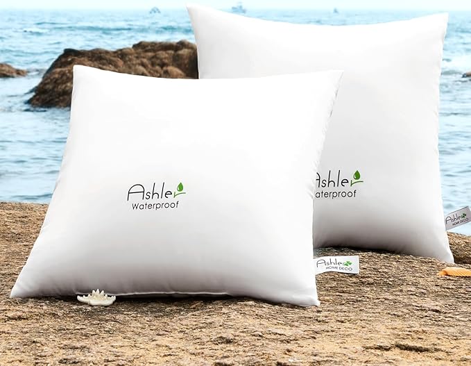 Ashler Home Deco Outdoor Throw Pillow Inserts - 18 x 18 Pillow Inserts Set of 2, Water Resistant Hypoallergenic Pillows Decorative for Garden, Waterproof Pillow for Sofa Couch, White