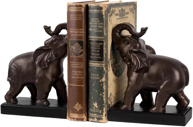 Elephant Decorative Bookends, Bookends for Shelves, Book Ends for Heavy Books with Anti-Slip Pad for Book Lovers Heavy Book Holder for Home Office Decor (Bronze)