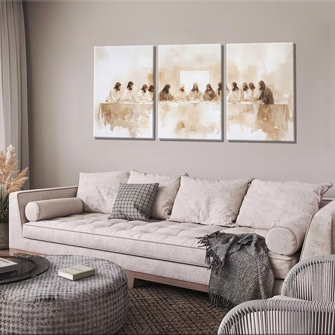3Pcs Frame Jesus Last Supper Canvas Wall Art Christian Bible Famous Paintings Wall Decor Pictures Renaissance Painting Posters Prints for Corridor Dining Living Room Kitchen Bedroom Decoration16x24in