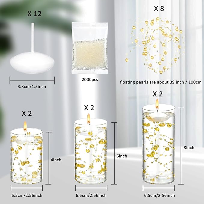 6 Set Glass Cylinder Vase with 8 Artificial Pearl String 12 White Floating Candle Multi-Size Cylinder Vase for Centerpieces 4"+ 6" + 8" Glass for Wedding Party Table Decor(6 Pcs-Gold)