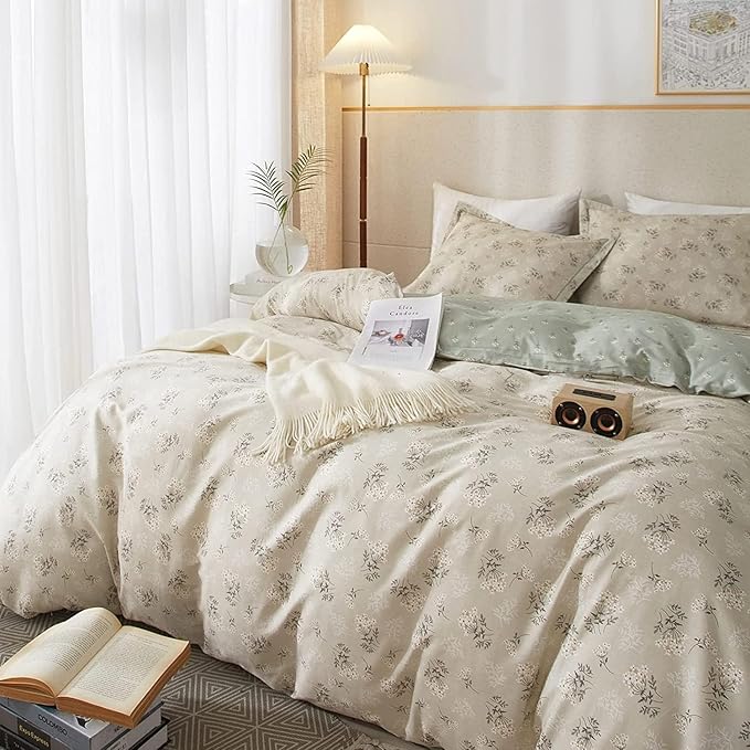 LifeTB Boho Floral Duvet Cover Twin XL Cotton Aesthetic Floral Bedding Sets Vintage Garden Floral Comforter Cover Beige Sage Green Floral Botanical Duvet Cover with Zipper Closure 4 Ties
