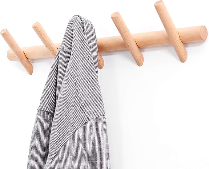 Wood Coat Hooks Wall Mounted Hat Rack Tower Hanger Wall Hooks Decorative Hanger with Pegs Entryway Bedroom Bathroom（Beech Wood,5 Hooks）