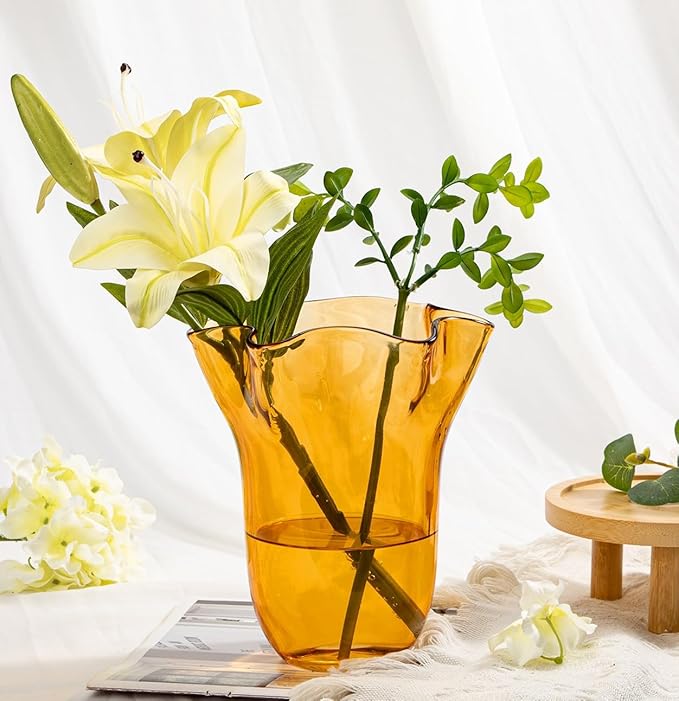 8 inch Amber Glass Vases Clear Flower Vases for Centerpiece, Large Crystal Vases for Flowers Wide Mouth Vase for Home Office Living Room Shelf Wedding Decor (Amber)