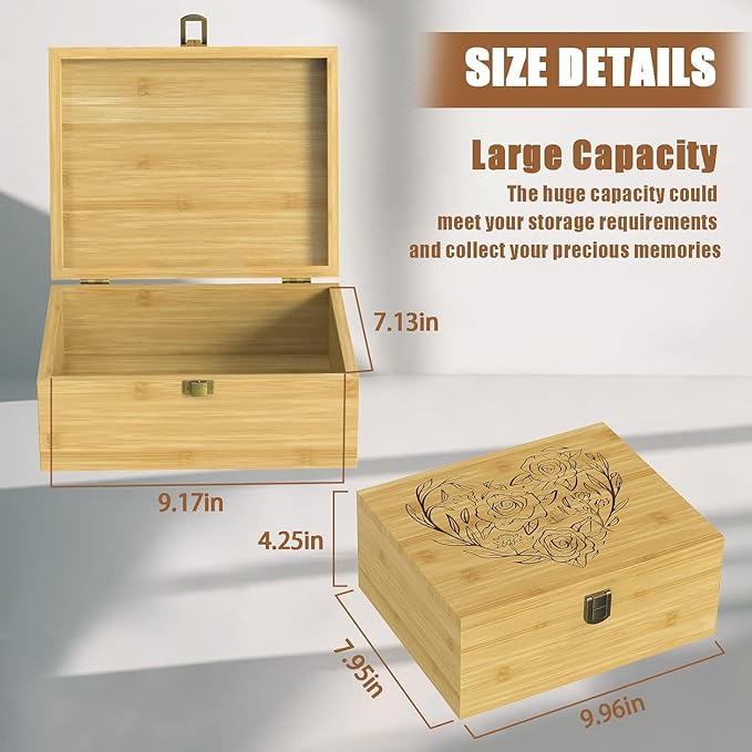 Wooden Keepsake Memory Box for Precious Items, Decorative Bamboo Boxes with Hinged Lid and Latch for Memories of Relatives, Anniversary, Wedding