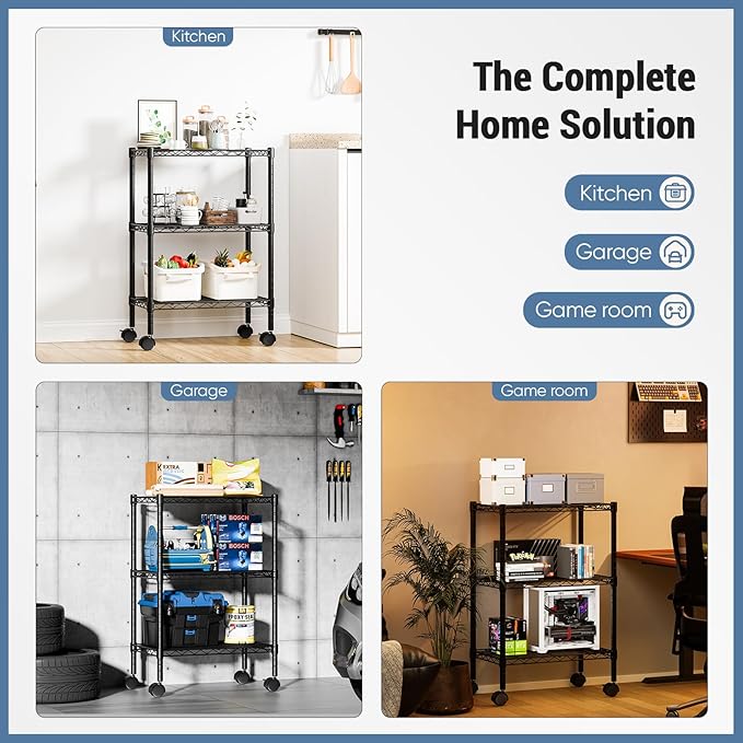 DUMOS 3 Tier Metal Shelving, Heavy Duty Shelves Wire Shelving Unit with Removable Wheel Casters, Shelves Organizer for Bathroom Garage Living Room Kitchen Pantry Laundry