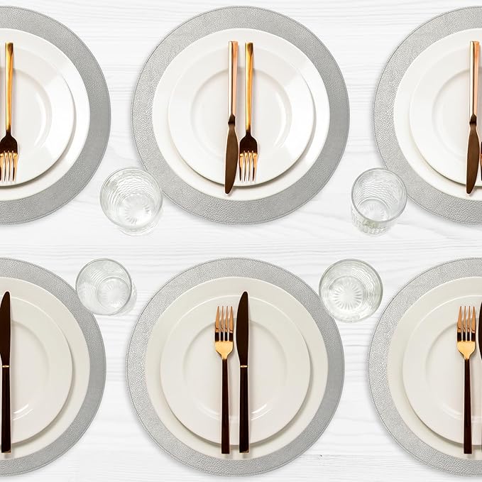 Morgan Faux Leather Round Set of 12 Placemats, 15", Silver, Heat Resistant, Stain Resistant, Non-Slip, Reversible, Durable Table Mats for Kitchen, Dining Table, Indoor Washable Use