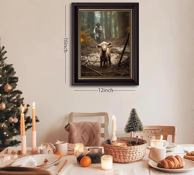 Framed Jesus and Lamb Wall Art Jesus Running After Lost Sheep Picture Wall Decor Christianity Lambs of God Home Decoration Inspirational Christian Poster Prints for Office Bedroom Livingroom 12x16in