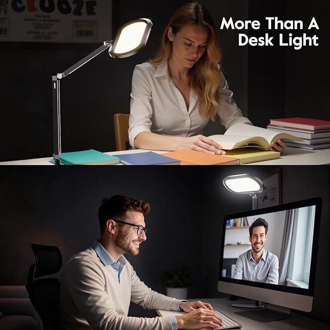 Premium LED Desk Lamp for Home Office – Eye-Caring Double Side Light with Knob Remote, Stepless Dimming & Color, Memory, Metal Table Lamp for Zoom, Studying, Video Conference, Flicker-Free, Glare-Free