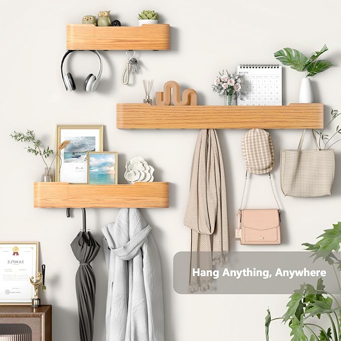 Coat Rack Wall Mount Entryway Organizer Modern Key Holder Wall Mount with Wooden Shelf Entryway Hooks for Bedroom Kitchen Hallway Bathroom for Hanging Coats Hats Dog Leashes Bags Towels (Oak, 5 Hooks)