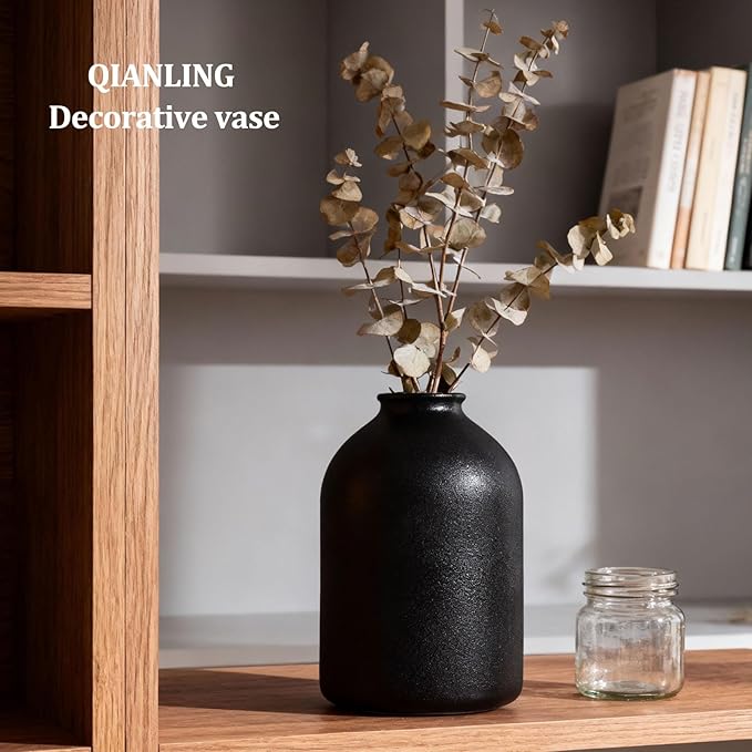 8.6" Large Black Ceramic Vase - Modern Matte Flower Vase for Table, Shelf, Mantel, Bathroom, Coffee Table, Desktop - Decorative Vases Home Decor Accent, Vases for Centerpieces, Wabi Sabi Decor