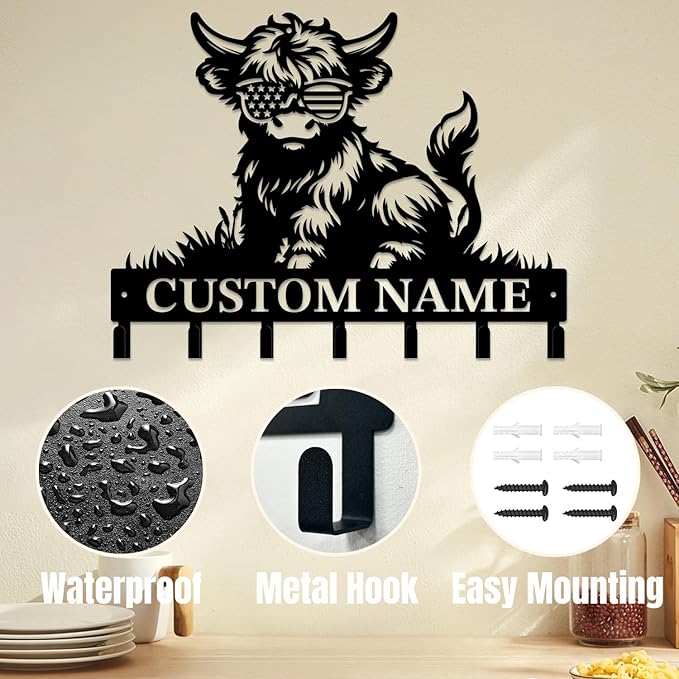 magilab Personalized Custom Highland Cow Wall Hooks,Metal Highland Cow Art Clothes Hooks,Metal Highland Cow Wall Home Storage Decorative,for Front Door, Hallway, Kitchen, Bedroom,Keys,Hats (Style F)