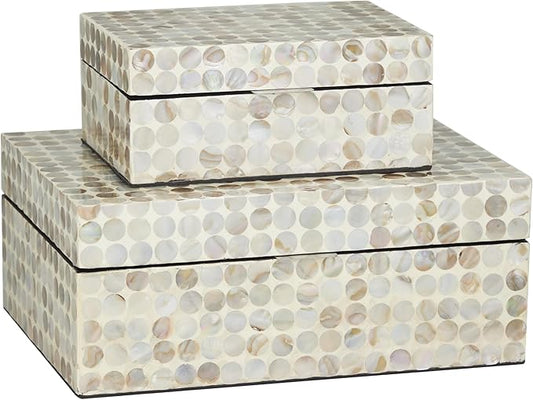 Deco 79 Mother of Pearl Shell Geometric Handmade Decorative Box Decorative Keepsake Boxes with Hinged Lid, Set of 2 Storage Boxes 12", 8"W, Cream