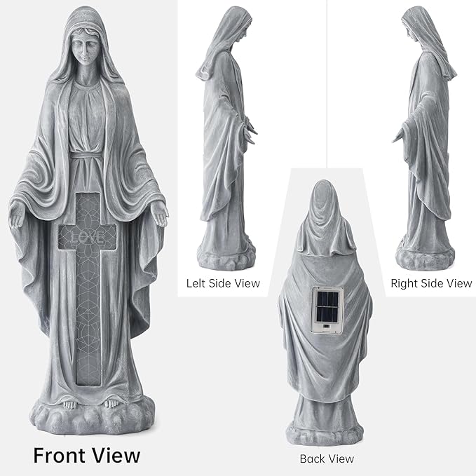 Solar Virgin Mary Praying Statue 27.9 Inch- Outdoor Religious Garden Decor with LED Lights, Weather-Resistant Magnesium Oxide Sculpture for Yard, Patio, Entryway （Gray Solar Virgin Mary）