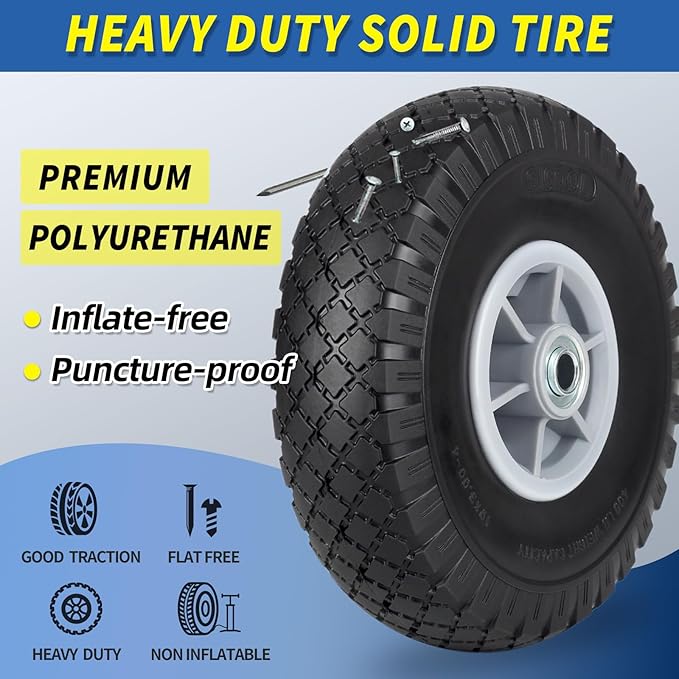 10x3.00-4 Flat Free Tire, 10" Heavy Duty Replacement Tire and Wheel Assemblies, Compatible Cosco Hand Trucks and Trolley Carts, 5/8" Axle Bore Hole, 2.2" Offset Hub, 2-Pack