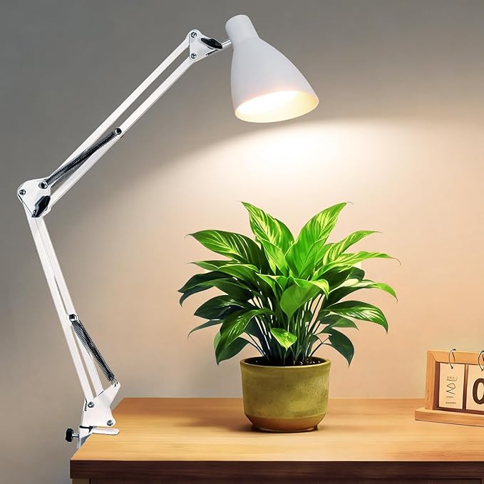 LED Desk Lamp with Clamp, 32" Architect Swing Arm Desk Lamp, Dimmable 5 Color Modes & 10 Brightness Task Light, Flexible Gooseneck Clip-on Table Lamps for Home Office Reading Nail Study Work, White