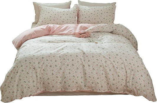 LifeTB Cotton Floral Duvet Cover Queen Girl Pink Flower Bedding Sets Garden Style Cotton Floral Comforter Cover Pink White Floral Bedding Sets Flower Branches Pattern Duvet Cover with Zipper Closure