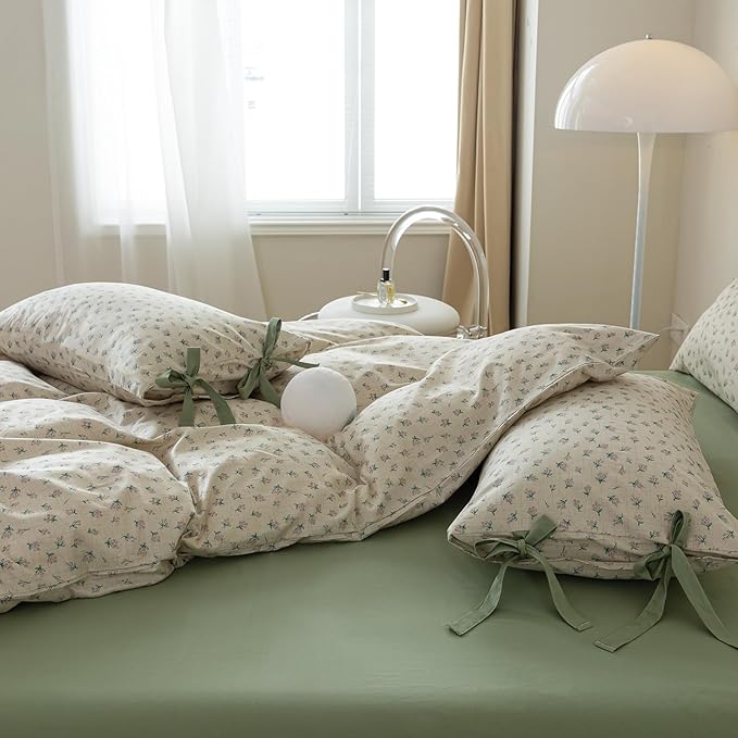 Cotton Duvet Cover King Chic Aesthetic Green Floral Comforter Cover Vintage Cottagecore Style Duvet Cover with 2 Bowknot Pillowcases Garden Flower Botanical Bedding Duvet Cover with Zipper Closure