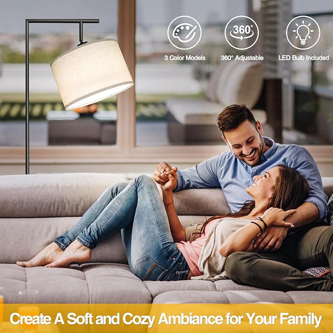 CNXIN Floor Lamp for Living Room with 3 Color Temperatures Standing Lamp with Adjustable Beige Linen Lampshade Tall Lamps for Bedroom Office Classroom Dorm Room, 9W LED Bulb Included, Black