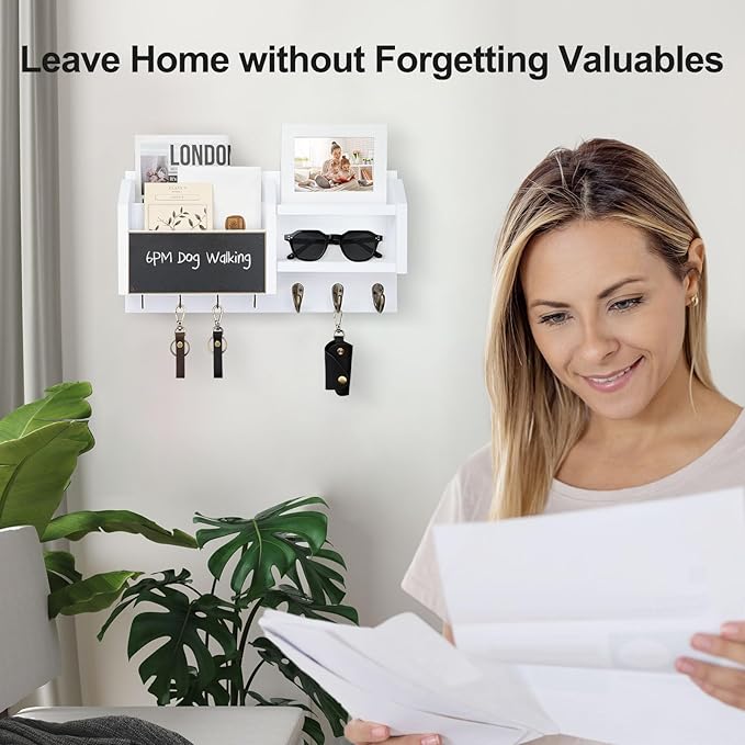 Mail and Key Holder – Wall Mount Key Hanger with Shelf and 7 Metal Hooks – Decorative Natural Paulownia Wood Entryway Organizer with Mounting Hardware (16.5”W x 8.7”H x 3.5”D) (White)