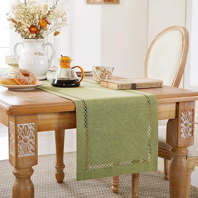 Burlap Style Farmhouse Table Runner, 13 x 108 Inch Sage Green, Rustic Geometric Hollow Table Runners 108 Inches Long for Dresser Table Everyday Use, 13x108 Inches, Sage Green