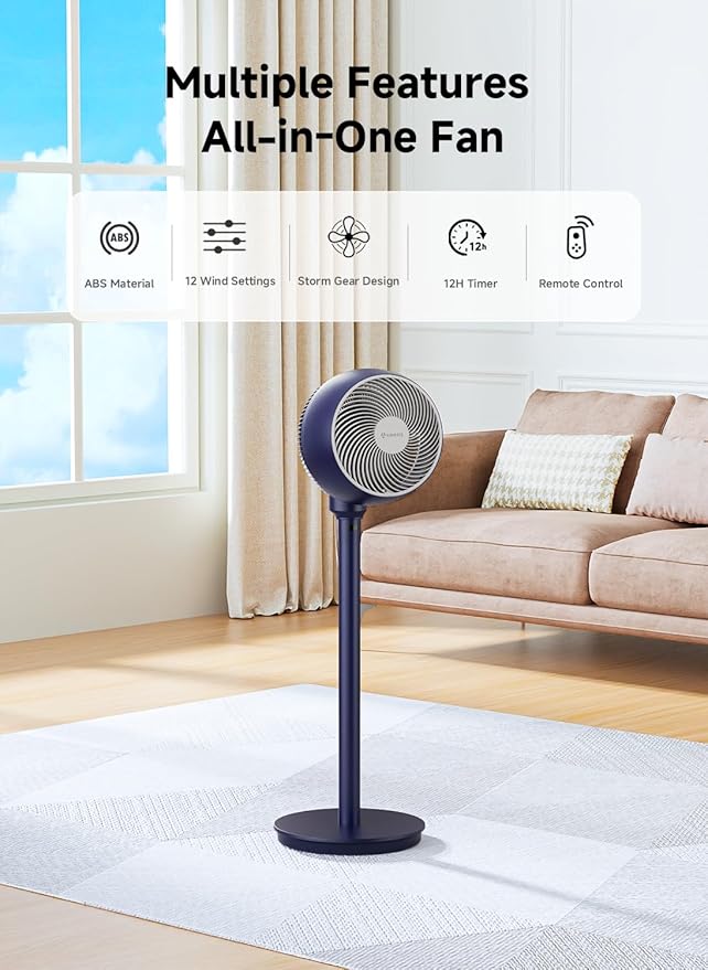 AIRMATE Standing Fan for Bedroom, 9" Blade Pedestal Fan with Remote, DC Motor, 12 Speeds, Quiet 25dB, 960CFM High Airflow, 85ft, Adjustable Height (12"-37"), 12H Timer, 80° Oscillating fan, DarkBlue