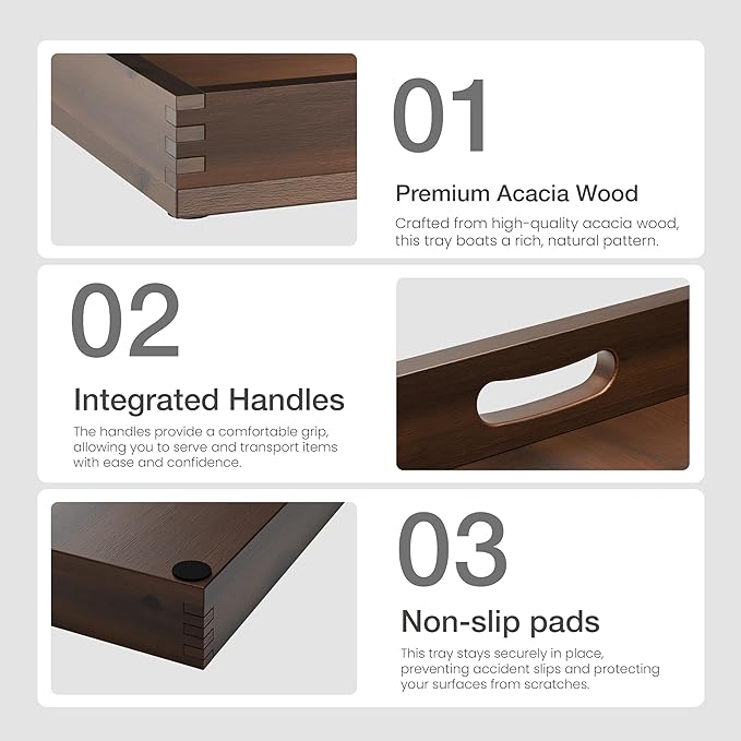 20 Inch Acacia Wood Square Ottoman Tray - Wooden Square Serving Tray with Handles - Extra Large Food Serving Trays for Decorative, Coffee Table, Breakfast in Beds (Walnut Color)