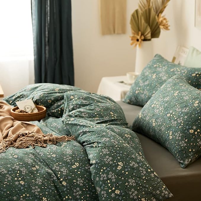 LifeTB Green Floral Duvet Cover Jersey Knit Cotton Duvet Cover King Size Vintage Flower Botanical Bedding Set Soft T Shirt Cotton Comforter Cover Chic Garden Style Bedding Cover with 2 Pillowcases