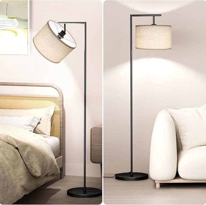 CNXIN Floor Lamp for Living Room with 3 Color Temperatures Standing Lamp with Adjustable Beige Linen Lampshade Tall Lamps for Bedroom Office Classroom Dorm Room, 9W LED Bulb Included, Black