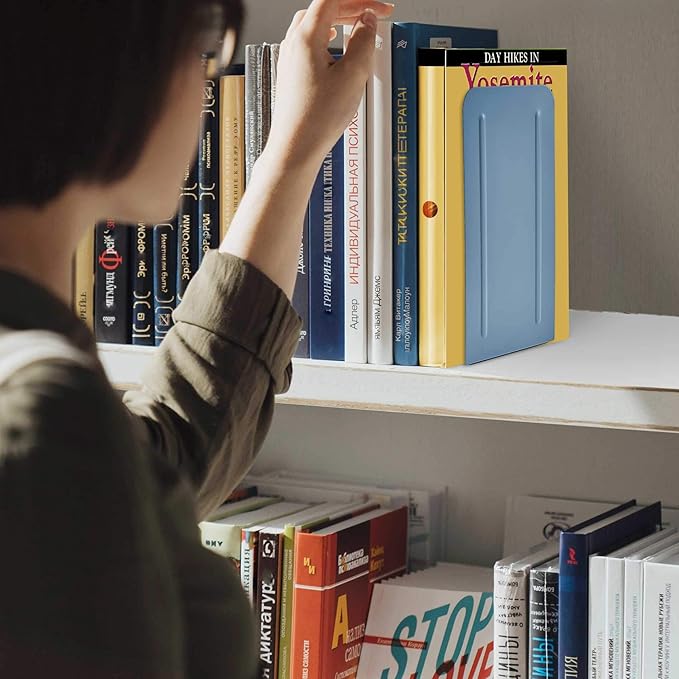 Acrimet Metal Bookends, Jumbo Size 9" H x 4" W x 4-1/2" D, Non-Skid Book Stand for Shelves, Heavy Duty Book Stopper, Blue, 1 Pair