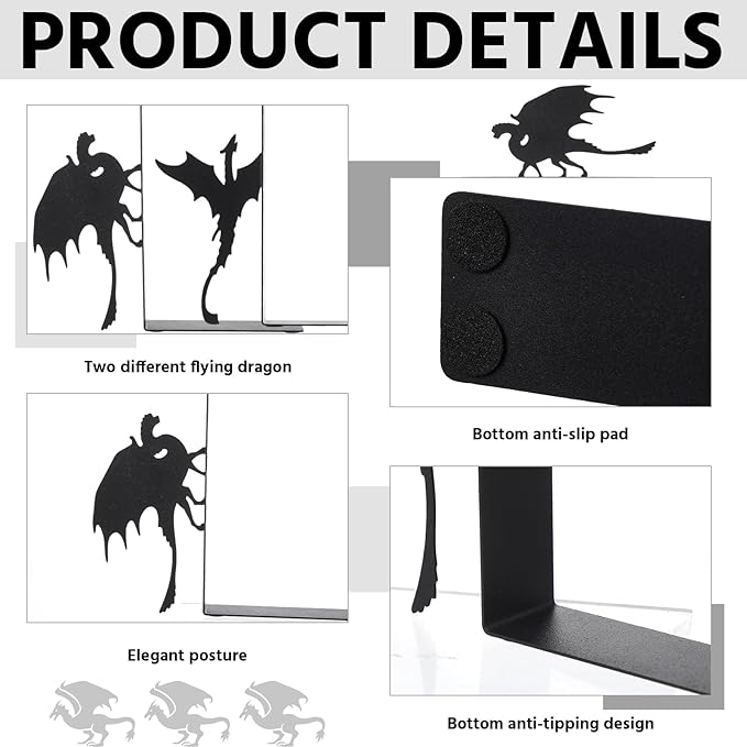 Geelin Dragon Metal Bookends Set of 2 Styles Gothic Book Ends for Shelves Bookshelf Home Office Desk Bookshelf Decor Gift for Dragon Lovers and Reading Enthusiasts