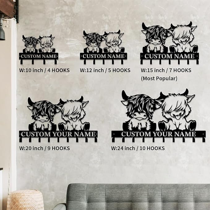 magilab Personalized Custom Highland Cow Wall Hooks,Metal Highland Cow Art Clothes Hooks,Metal Highland Cow Wall Home Storage Decorative,for Front Door, Hallway, Kitchen, Bedroom,Keys,Hats (Style C)