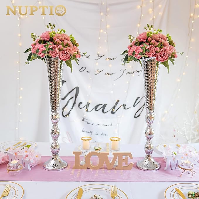 Trumpet Vase Wedding Centrepieces for Tables: Nuptio 2 Pcs Silver Vase 61cm Tall Flower Stand Road Lead for Weddings Party Dinner Centrepiece, Tabletop Vases for Anniversary Birthday Home Decoration