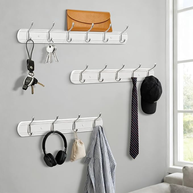 Coat Hooks Wall Mount, Wood Bamboo Wall Coat Rack with 6 Metal Hooks for Hanging Clothes, Towels, Keys, Bags(White&Brushed Nickel)