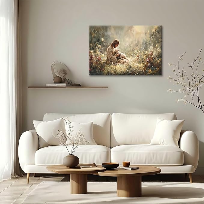Jesus and Lamb Canvas Wall Art Jesus Holding The Lost Lamb Wall Decor Good Shepherd Poster God Leaves the 99 Sheep Pictures Christian Religious Painting for Living Room Church Prayer Room 24x16in