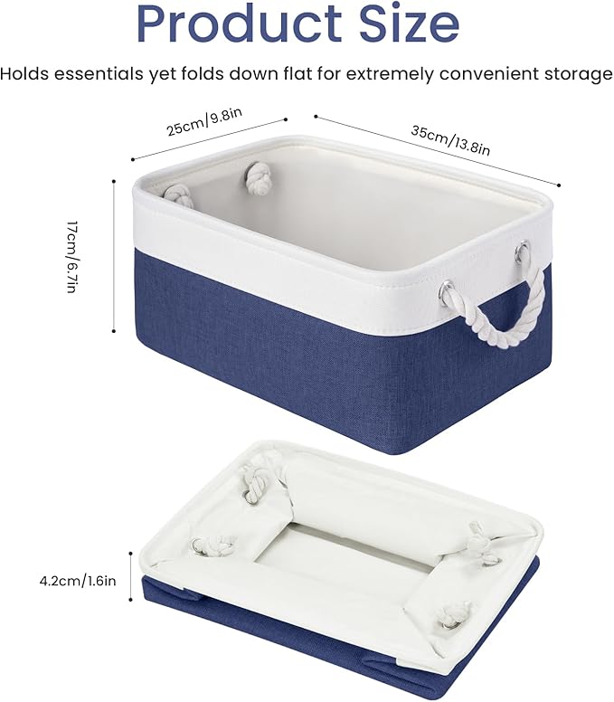 Storage Baskets for Shelves 13.8x9.8x6.7 Inch, Foldable Fabric Storage Bins with Handles, Small Storage Baskets for Organizing Closet, Office, Home Organization (3-Pack, White&Blue)