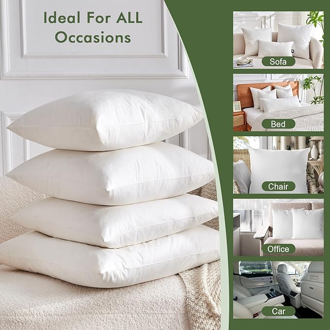 TOPGREEN Feathers Down Pillow Inserts 12x12, Set of 2, 100% Organic Cotton Shell, Soft Decorative Square Throw Pillows for Living Room Sofa, Couch, or Bed (White)